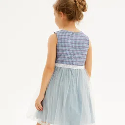 Kookie Kids Sleeveless Checks Party Frock with Lace Detail - Blue image 5