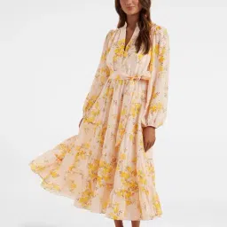 Forever New Light Peach Floral Print Tiered Midi Dress-image-21