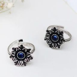 Teejh Ethnic Kayra Dark Blue Stone Silver Oxidized Toe Rings for Women-picture-5