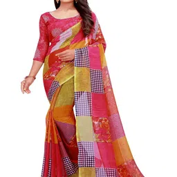 KALINI Pink & Green Colourblocked Block Print Georgette Saree-picture-36
