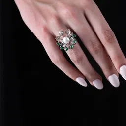 CAO Jewellery Artificial Stone Studded & Pearls beaded Floral Shaped Finger Ring image 2