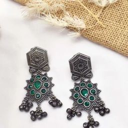 Teejh Prisha Green Silver Oxidized Dangler Earrings-picture-10