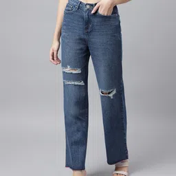 Xpose Women Comfort Wide Leg High-Rise Mildly Distressed Light Fade Jeans-picture-16