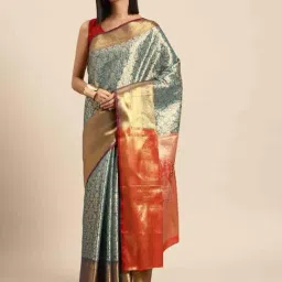 Silk Land Teal Blue & Red Woven Saree With Unstitched Blouse-picture-23