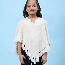 BIBA Wool Half Cape Sleeves Sequin Embellished Neckline & Tassel Detailed Poncho Top - Off White-image-11