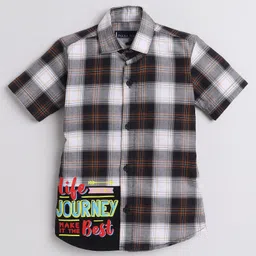 Polka Tots Half Sleeve Tartan Checked & Life Is Journey Printed Shirt - Blue & Black-picture-10