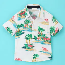 CrayonFlakes Sea Life Theme Half Sleeves Beach View With Flamingos Printed Shirt - Off White-picture-19
