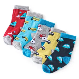 Cutewalk By Babyhug Cotton Anti Bacterial Ankle Length Car Print Socks Pack of 5 - Red Blue & Grey-image-19