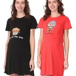 The Mom Store Pack Of 2 Cotton Half Sleeves Cup Cake & Owl Printed Maternity T-Shirt Dresses - Black & Red-picture-26