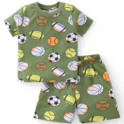 Babyhug Cotton Knit Half Sleeves Night Suit  With Football Print - Green-image-98