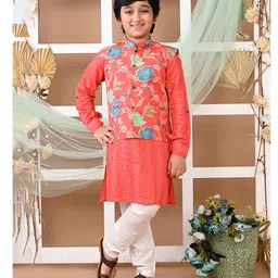 LIL PITAARA Pure Cotton Full Sleeves Chevron Printed Kurta & Pyjama With Floral Printed Jacket - Red-image-1