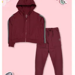 Kiddopanti Fleece Full Fleeves Front Zip Opening Crop Length Hooded Sweatshirts With Joggers - Maroon-picture-18