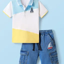 Babyhug Single Jersey Knit Half Sleeves Polo Cut & Sew T-Shirt & Denim Shorts Set with Text & Ship Patch - Blue & White-picture-23