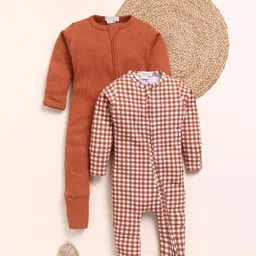 Cot & Candy Organic Cotton Knit Pack Of 2 Full Sleeves Solid & Checked Sleepsuits - Rust Orange-picture-32