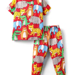 Babyhug Cotton Knit Half Sleeves Co-ords Night Suit With Animal Print - Red-picture-28