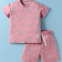 Zero Sinker Knit Half Sleeves Co-ords Shorts Night Suit with Bear Print - Pink-picture-30