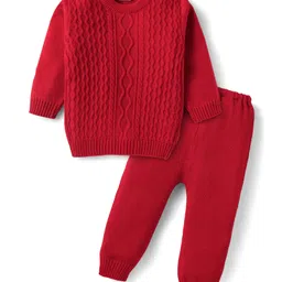 Babyhug Knitted Full Sleeves Solid Color Sweater Set with Cable Knit Design - Red-picture-17