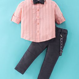 Dapper Dudes Full Sleeves Striped Shirt With Bow Suspender & Pant Set - Peach-picture-6