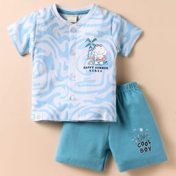 CUCUMBER Sinker Knit Half Sleeves Shorts Night Suit With Abstract & Beach Theme Print - Light Blue-picture-31