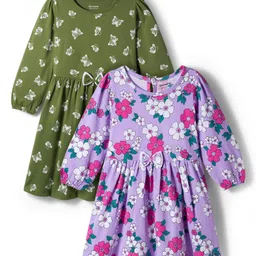 Honeyhap Premium 100% Cotton Knit Bio Finish Full Sleeves Frocks with Floral Print and Bow Applique Pack of 2 - Lavendula & Ceddar Green-picture-18