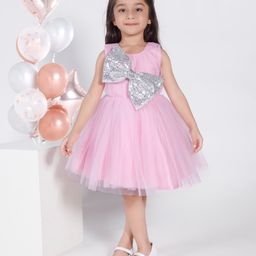 Ministitch Net Woven Sleeveless Bow Applique Sequin Embellished Pleated Dress - Pink-picture-18