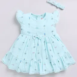 Snuggly MONKEY Seersucker Woven Cap Sleeves Elephants Printed Bow Applique Detailed Tiered Dress With Headband - Sky Blue-picture-11