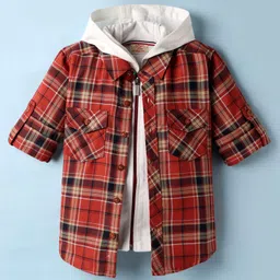Rikidoos Full Sleeves Checked Shirt With Attached Hooded Tee - Orange & White-picture-17