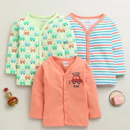 BUMZEE Cotton Knit Pack Of 3 Full Sleeves Cars Printed & Striped Jhablas - Coral & Yellow-picture-16