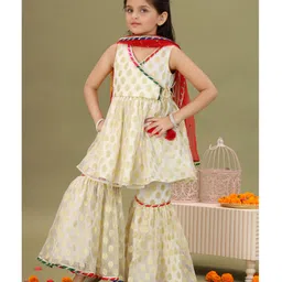 MASTARANG Net Woven Sleeveless Polka Dots Foil Printed Peplum Kurti & Sharara With Dupatta Set - Off White-picture-25