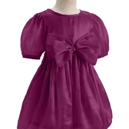 kookie kids india Kookie Kids Puff Sleeves Solid Color & Bow Detailing Organza Party Dress - Wine image 2