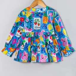 Hugsntugs Cotton Woven Full Bell Sleeves Floral & Fruits Printed Top - Blue image 3