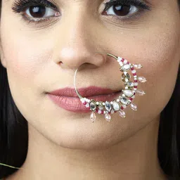 BeAbhika Gold-Plated Kundan Studded & Beaded Nose Ring image 3