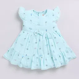 Snuggly MONKEY Seersucker Woven Cap Sleeves Elephants Printed Bow Applique Detailed Tiered Dress With Headband - Sky Blue image 4