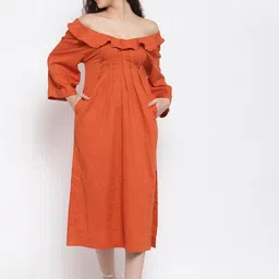 iki chic Orange Off-Shoulder A-Line Midi Dress-image-20