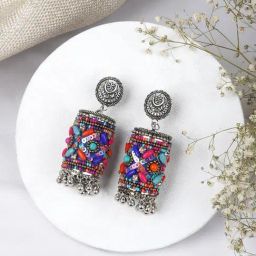 Teejh Ethnic Ganavi Pink and Orange Stone Silver Oxidized Jhumki Earring-picture-18