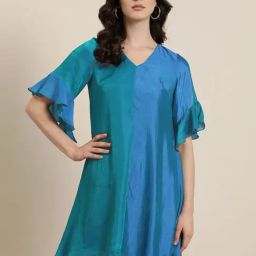 Qurvii Blue Color-Block A Line Dress-picture-37