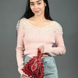 Odette Dark Red Suede Embellished Potli Bag image 1