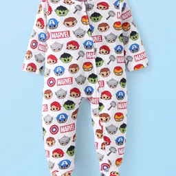 Babyhug Marvel Cotton Knit Full Sleeves Sleepsuit Avengers Print - White-picture-20