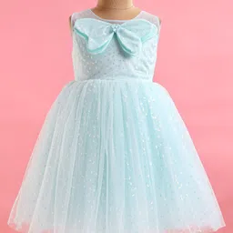 Bluebell Net Woven Sleeveless Party Frock with Bow Applique & Sequinned Detailing- Aqua Blue-picture-21