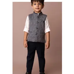 LITTLE COLLARS Jacquard Full Sleeves 3 Piece Abstract Printed Party Suit Set - Navy Blue-picture-25