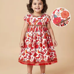 Babyhug Cotton Woven Half Sleeves Ethnic Dress With Floral Print - White image 1