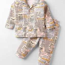 Little Darlings Interlock Knit Full Sleeves Co-Ord Night Suit With Text Print - Orange-picture-17