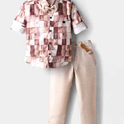 Radutu Full Sleeves Self Checked Shirt & Pant With Suspender & Bow Set - Fawn-picture-18