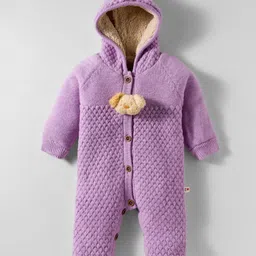 Yellow Apple Knit Full Sleeves Winter Wear Hooded Romper With Dog Applique - Purple-picture-36