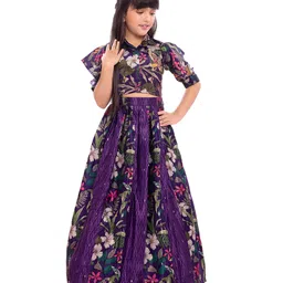 Tiny Kingdom Woven Half Puffed Sleeves Bird Embroidered Floral Printed Coordinating Lehenga Choli With Hair Clip Set - Purple-image-77