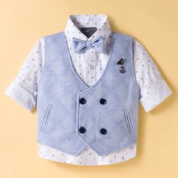 Dapper Dudes Full Sleeves Abstract Printed Shirt With Waistcoat & Bow Set - Sky Blue-image-16