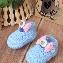 Woonie Woven Bow Applique Detailed Handmade Booties - Sky Blue image 1