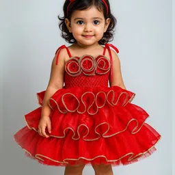TINY MINY MEE Elastane Woven Sleeveless Floral Applique Detailed Layered Dress - Red-image-16