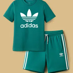 Adidas Kids 100% Cotton Knit Half Sleeves T-Shirt & Shorts Set Logo & Text Print - Turquoise-picture-26