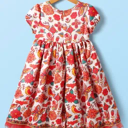 Babyhug Cotton Woven Half Sleeves Ethnic Dress With Floral Print - White image 3